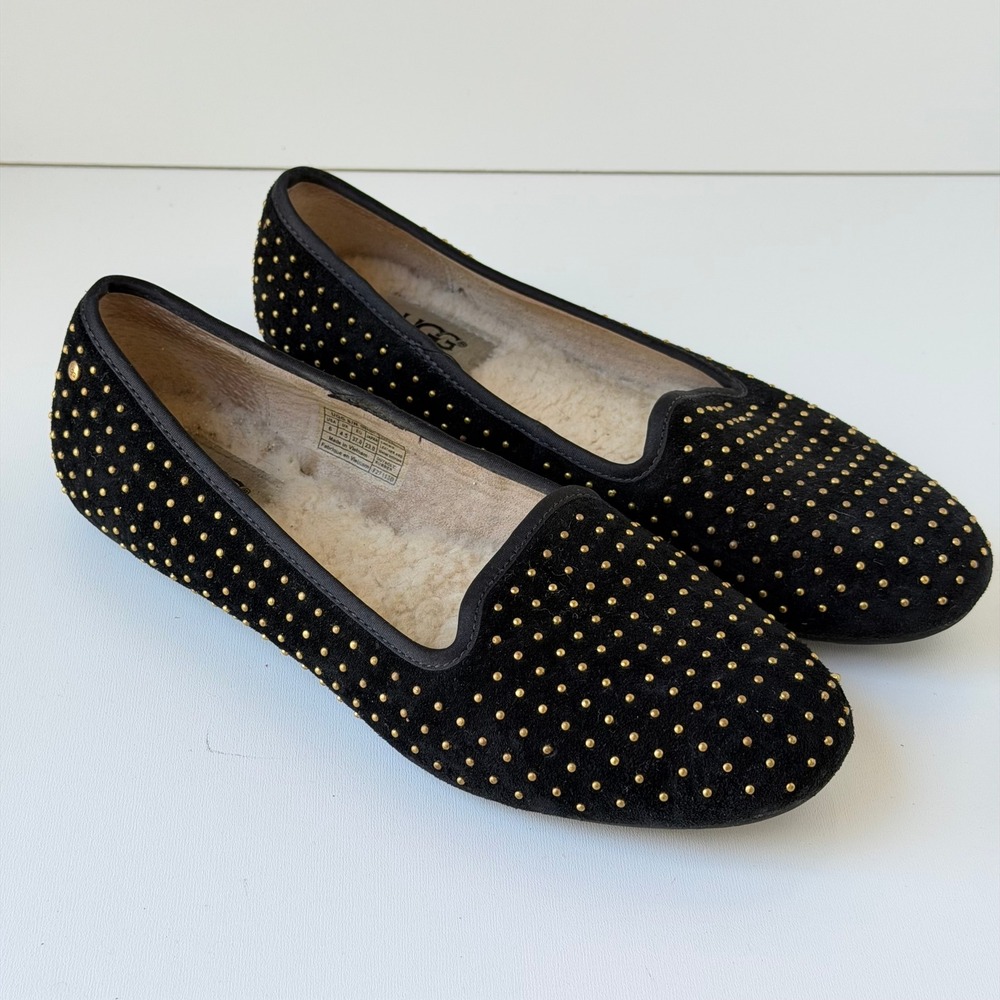 UGG Alloway Studded Loafers Women 6 Black Velvet Shearling Lined Ballet Flats
